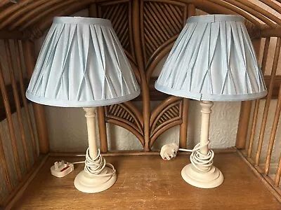 Pair Of Laura Ashley Wooden Table Lamps Cream & Blue Silk Fenn Shades 17” Tall • £50