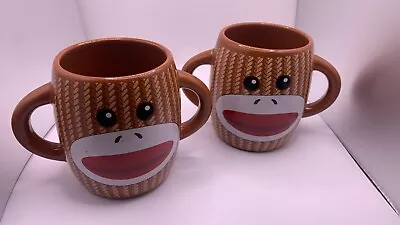 Pair Of Double Handle Brown Sock Puppet Monkey Coffee Mug By Galerie Candy • £24.01