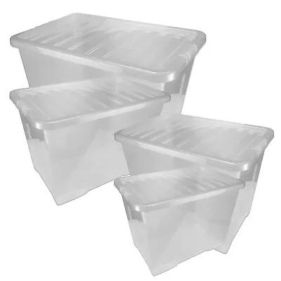 Clear Large Size Strong  4 X 80L Plastic Storage Boxes With Lids • £38.99