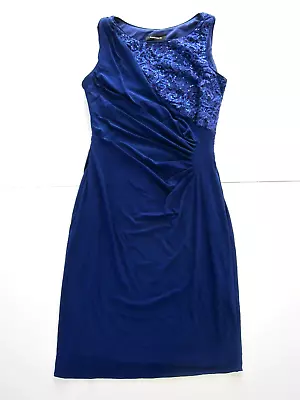 R&M Richards Blue Stretch Sparkle Sequin Sleeveless Ruched Sheath Dress Small • $22.49