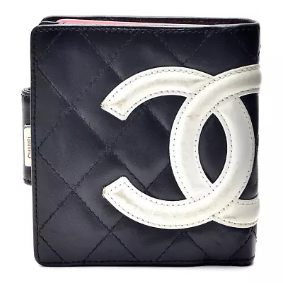 Authentic CHANEL Quilted Leather Cambon CC Compact Wallet Purse Black A26720 • $253