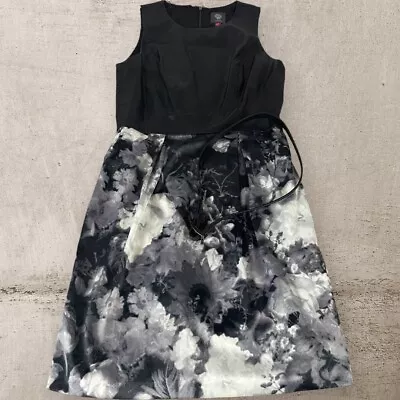 Vince Camuto Dress Womens 6 Faux Leather Satin Black White Gray Floral Sheath R3 • $14.95