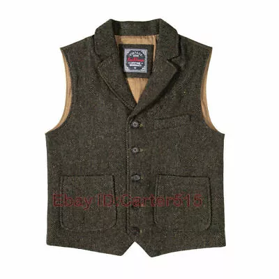 Men's Tweed Woolen Blend Vest Warm Waistcoat Retro Casual Herringbone Jackets • $83.44