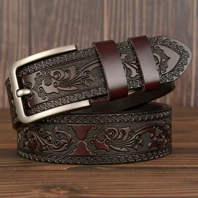 Men Waist Belts Floral Embossed Leather Cowboy Retro Casual Buckle Chic Classic • £25.19