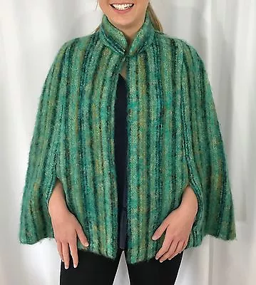 VTG Irish Cape Celtic Coat Womens S M Mohair & Wool Donegal Design Green Striped • $120