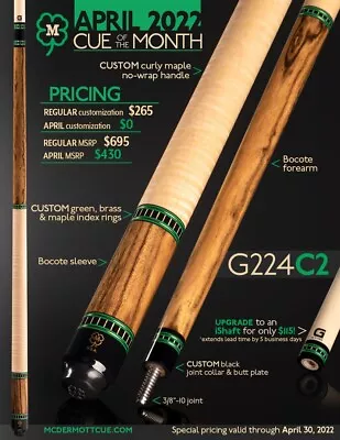 McDermott Pool Cue With One G-CORE Shaft. APRIL 2022 CUE OF THE MONTH • $430