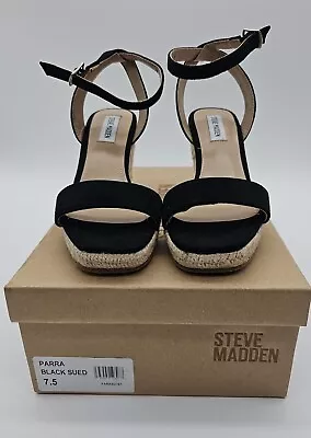 Steve Madden Parra Wedge Sandal Womens Size 7.5 M Black Suede New • $22