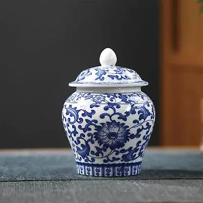 Blue And White Ceramic Glazed Ginger Jar Tea Storage Jar With Lid Living Room • £13.26