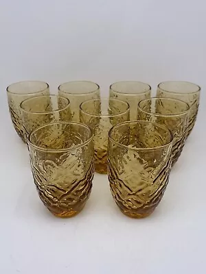 Vintage 3-1/4  Libbey Amber Raised Diamond Pattern 6 Oz. Juice Glasses Set Of 9 • $26.24