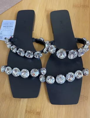 New Zara EMBELLISHED FLAT LEATHER SANDALS Size 9 • $59.99