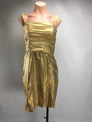 Melinda ENG Gold Ruched Sheath Slip Metallic Ruffle Prom Evening Party Dress S • $94.99