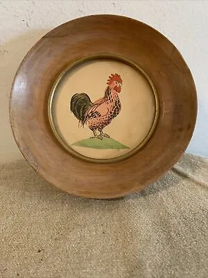 VTG  Drawing Water Color Of Angry Rooster Hen Farm Decor 50’s Wood Round Frame • $24.90