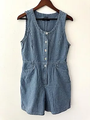 Vtg Gloria Vanderbilt Plaid Denim Romper Jumpsuit Shortall 90s Womens Petite M • $39