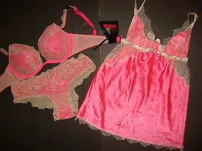 Victoria's Secret 32C BRA SET+BABYDOLL Pink Beige Lace ANGEL FANTASIES VALENTINE • £134.92