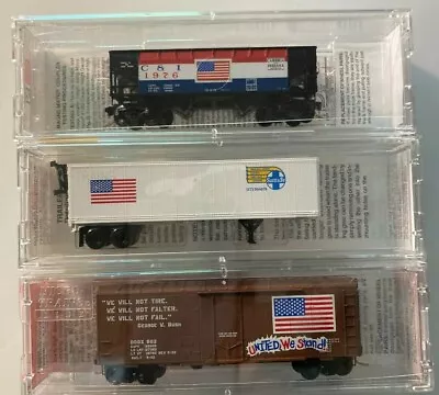 3 N Scale U.S. Flag Cars From Micro-Trains And MT-N Scale Collector. NIBs. • $85