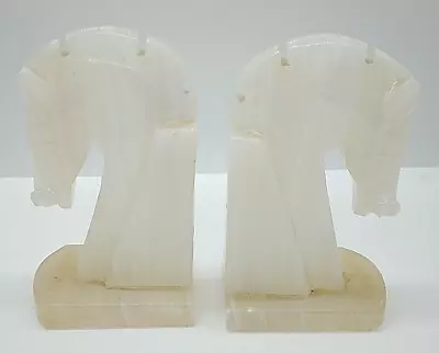 2 Stunning Vtg HandCarved Alabaster Marble Onyx Horse Head Bookends 7  Tall • $19.99