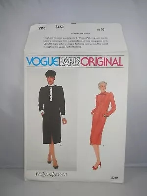 Yves Saint Laurent VOGUE PARIS ORIGINAL PATTERN 2310 Misses Dress Size 10 YSL • $12.22