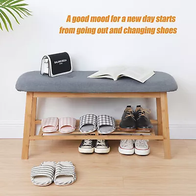 Shoe Bench Small Entryway Storage Rack Natural Bamboo Cushion Seat Hallway Bench • $37.01