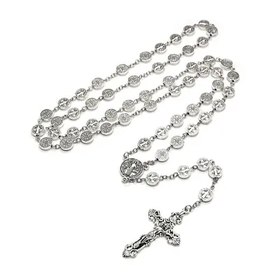 Saint Benedict Rosary Necklace Vintage Silver Metal Prayer Beads For Neckl • £7.80