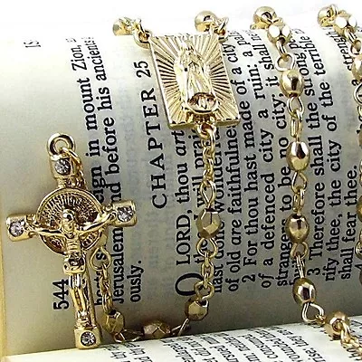 Jesus Cross Mary Gold Plated Square Virgen De Guadalupe Rosario Rosary Beads 24  • $12.99