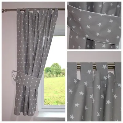 STARS GREY Curtains  Nursery Baby Room TAB TOP CURTAINS TIEBACKS 150 X 150 CM   • £36