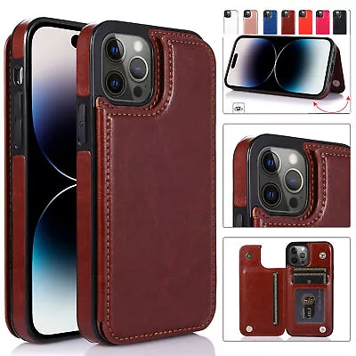 Leather Wallet Card Holder Case For IPhone 14 Pro 13 12 SE 8 7 6 Max Phone Cover • $11.40