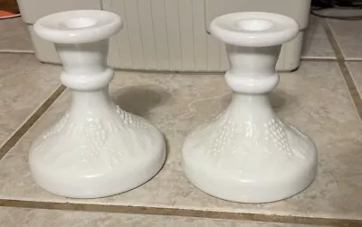 LE Smith Vintage Milk Glass Grape Pattern Candlestick Pair Of 2 Holders 4.5  • $15.99