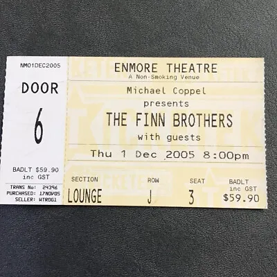 The Finn Brothers In Concert Used Ticket/Enmore Theatre Sydney 1st December 2005 • $49