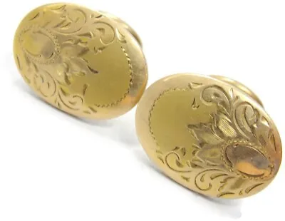 Antique Cufflinks Floral Etching Oval Gold Filled Bean Back Solid Post J.H.P. • $59.99