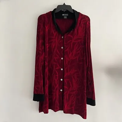 Maggie Barnes Red Bamboo Print Button Up Top Size 2X Slinky Stretch Made In USA • $32.25