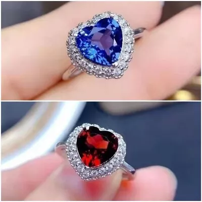 £3.35 • Buy Fashion 925 Silver Heart Ruby/Sapphire Jewelry Women Wedding Adjustable Ring