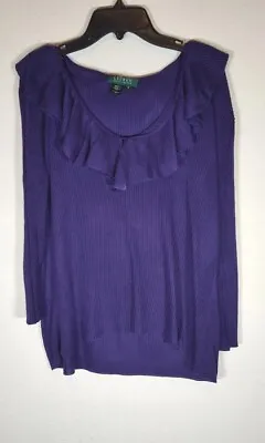 Ralph Lauren Medium Woman Sweater Purple 100% Cashmere Heathered Neck Ruffles • $40