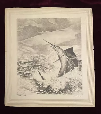 Vintage Art R. H. Palenske Etching Print - Really Fighting! - Swordfish Fishing • $30