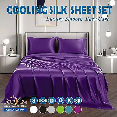 2200TC Cooling Silk Satin Flat Fitted Sheet Bed Set S/KS Double Queen King Bed • $37.89