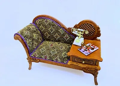 Dollhouse Miniature Walnut Gossip Bench With Antique Telephone & Book • $69.99