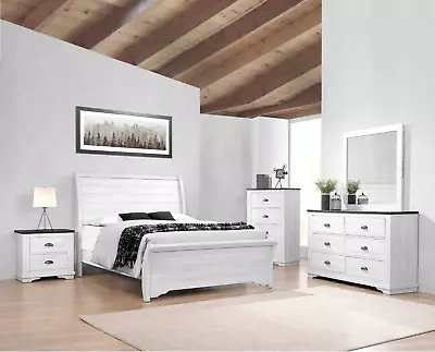 NEW Weathered White 5PC Sleigh Queen King Bedroom Set Rustic Furniture B/D/M/N/C • $1269.99