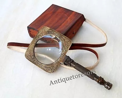 Antique Brass Square Shape Magnifying Glass Magnifier Map Reading W Leather Case • $39.43