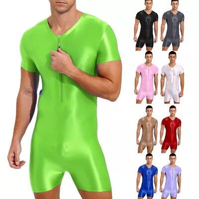 Men One-Piece Glossy Stretchy Jumpsuit Short Sleeve Zipper Bodybuilding Bodysuit • £7.19