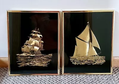 2 Vtg Kafka Industries Gold Foil Art Etching Ship Sailboat Pictures #5019 & 5020 • $36.85