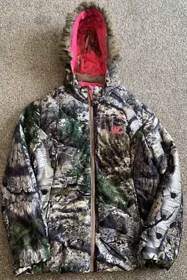 Mossy Oak Women's Camo & Pink Puffer Jacket XL Removable Hood W/Faux Fur Trim • $35.99