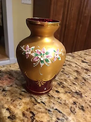 MURANO Ruby Red Glass Vase 24K Gold Paint Flowers VINTAGE 41/2” Tall Made Italy • $26