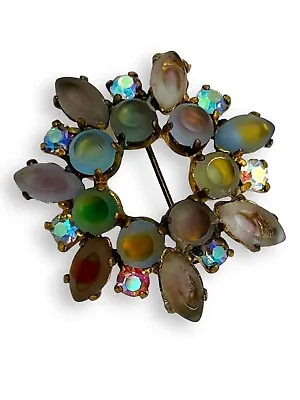 Vtg Unusual Germany Signed Semi-frost Multicolor AB Stone Flower Wreath Brooch • $24.99