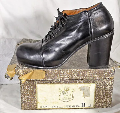 Sz 11 Mens Vtg Glen Guard Black Leather Platform 3-3/4” High Heel Shoes - M147z • $399