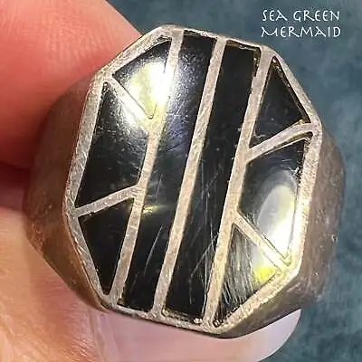 Old Pawn Tribal SPIDERWEB Silver Ring W Inlaid Onyx. 14g + 3/4  • $339