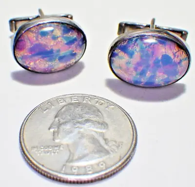 Vintage 925 Sterling Silver Oval Fire Opal Foil Glass Dome Whale Back Cufflinks • $45.89