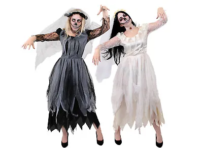 Ladies Ghost Bride Costume Ripped Halloween Fancy Dress Veil And Choker Dead • £26.19
