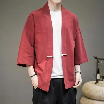 Men Cotton Linen Kimono Cardigan Retro Chinese Coat Yukata Haori Tops Blouse • £27.23