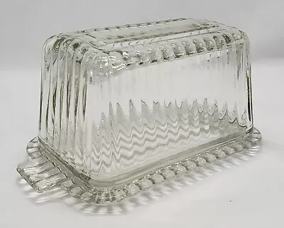 Vintage Butter / Cheese Dish Covered Clear Glass Ribbed • $22