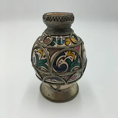 £124.90 • Buy Vintage Moroccan Ceramic Small Vase With Metal Filigree Trim