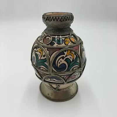 £124.90 • Buy Vintage Moroccan Ceramic Small Vase With Metal Filigree Trim